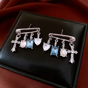 Sicherheitsnadel Hängeohrringe Mit 925 Sterling Silber Ohrstecker Kupfer Zirkon Kreuz Herz Blauem Stein Gothic Punk