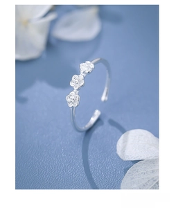 Detailed macro view of S925 sterling silver triple flower open ring with polished finish