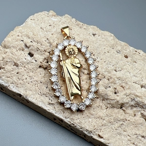 Oval gold St. Jude pendant with clear zircons on raw stone, religious jewelry necklace