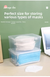 Macro shot of two stacked transparent storage boxes holding KN95 and surgical face masks