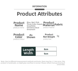 Detailed size specifications for sequined snowflake Christmas boot ornaments made of cloth