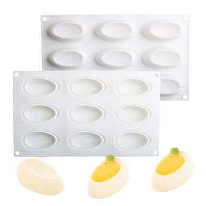 Detail view of 8-cavity oval silicone molds with yellow banana mousse cake samples