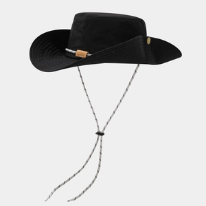 Detail of waterproof cowboy sun hat with adjustable windproof cord and brass side buckles
