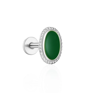 Detailed view of silver S925 stud earring with green oval gemstone inlay on white background