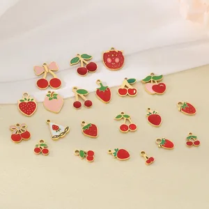 Strawberry Cherry Fruit Charms Stainless Steel Enamel Pendants DIY Jewelry Making Accessories Gold Plated Sweet Cute
