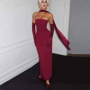 Women Sexy Tube Top Evening Maxi Dress With Mesh Gloves And Neck Scarf Slim Fit High Waist Floor Length Party Gown