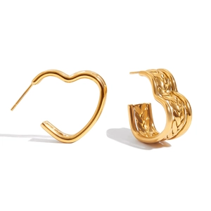 Detail of 18K gold stainless steel heart hoop earrings with woven texture and smooth finish
