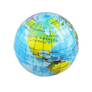 Detailed macro view of the Earth pattern foam stress ball with English geographic labels