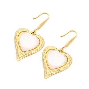 Golden stainless steel heart dangle earrings with hammered texture and hollow design