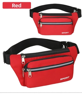 Detail view of red waterproof sport fanny pack with two zippers and white Sport logo