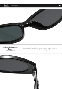 Detail of lightweight integrated nose pads and metal hinge on black Y2K sunglasses