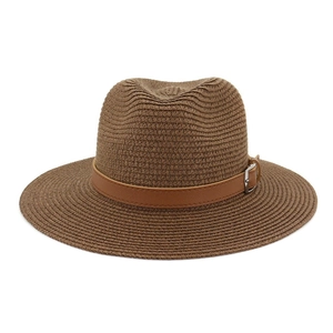 Klassischer dunkelbrauner Strohhut Panama-Stil mit Wellenmuster und braunem Lederband