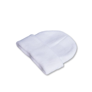 Close-up of the white cuffed knit beanie showing fine vertical ribbing and soft texture