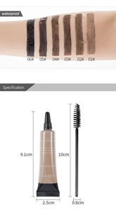 Detailansicht zeigt Abmessungen der Augenbrauengel-Tube, Pinselmasse und wasserfeste Swatches.