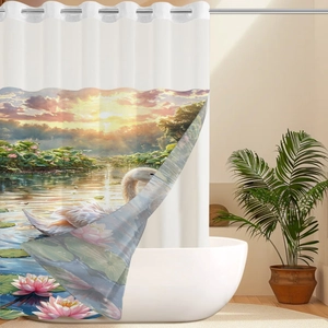 Détail du rideau de douche gaufré avec motif lac des cygnes et œillets métalliques