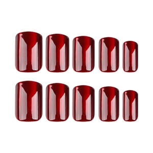 Short square blood red cat eye press-on nails set with glossy finish on white background