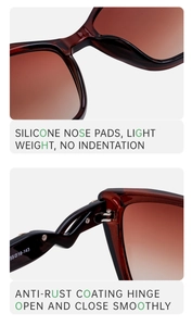 Detail view of silicone nose pads and rust-proof hinges on cat eye sunglasses