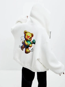 Oversized white hoodie for women featuring a cartoon bear rich and cute back print