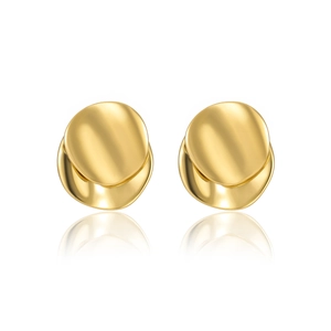 Polished geometric round gold stainless steel stud earrings on white reflective surface