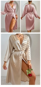 Detailed views of satin silk robes in pink and champagne gold with elegant side slits