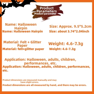 Halloween hairpin specifications detail showing felt and glitter paper materials and dimensions