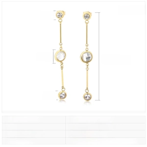 Detail view of long stainless steel tassel earrings with sparkling white zircons and dimensions