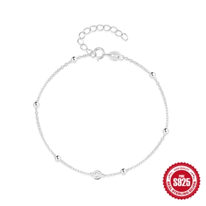 Elegant S925 sterling silver chain bracelet with clear zircon and small silver beads