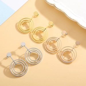 Three-tone geometric triple-circle drop earrings in gold, silver, and rose gold finish