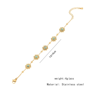Detail view of golden stainless steel bracelet with turquoise flower beads and size specs