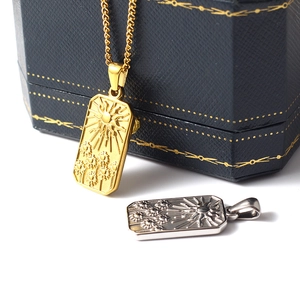 Vintage stainless steel sun and flower rectangular pendant necklaces in gold and silver