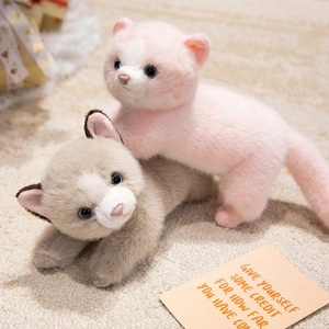 Plush Persian cat stuffed animals in pink and grey tones on soft carpet for gift giving