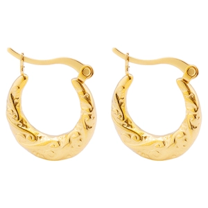 Minimalist 18k gold plated hoop earrings with vintage floral relief pattern on white background