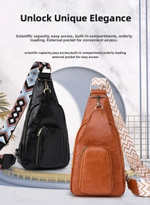 Detailansicht der PU-Leder-Brusttaschen mit breiten Ethno-Print-Schultergurten