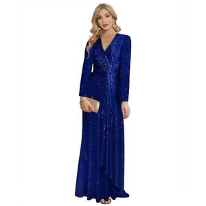 Deep V-neck sequined evening gown in bright blue with long sleeves and floor-length hemline