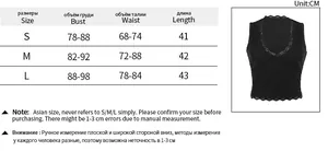 Size chart detail for lace V-neck crop top camisole including bust, waist, and length info