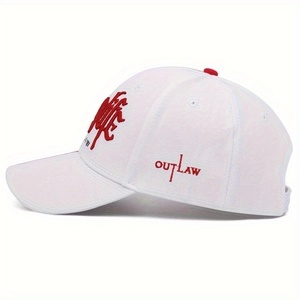 White baseball cap with red OUTLAW embroidery shown from a 45-degree side angle