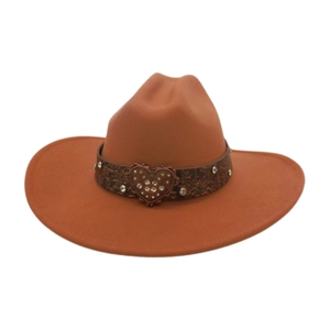 Brown felt wide brim jazz fedora hat with embossed leather band and heart rhinestone buckle