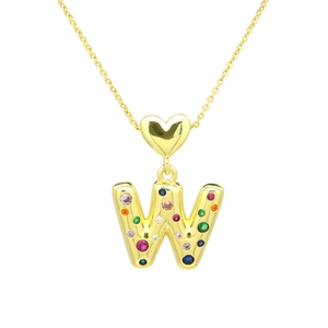 Detail of gold letter W pendant featuring vibrant multi-color pavé zircon stones and heart charm