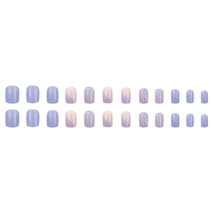Short round press-on nails with blue water ripple marble pattern and solid lavender tones