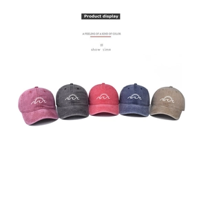 Vijf gewassen katoenen baseballcaps met minimalistisch geborduurd zonmotief in kleuren