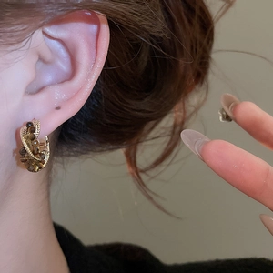 Close-up of twisted metal hoop earrings with tiger eye beads on a model's ear