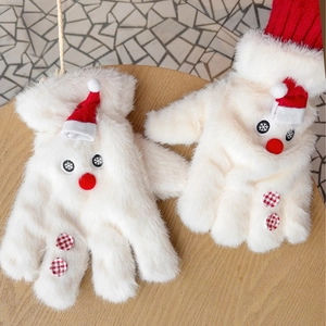Plush white snowman gloves with red hats and knitted buttons for warm winter cycling