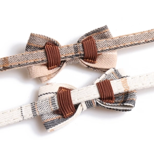 British style plaid bowtie pet collars in brown and beige with durable fabric texture