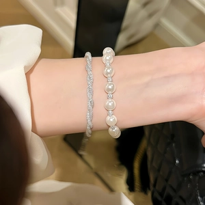 Italian style money bag silver zircon bracelet and white pearl bracelet jewelry set
