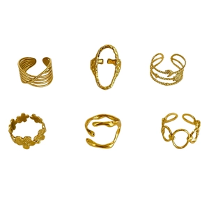 Set of 6 gold plated titanium steel adjustable rings featuring geometric and star moon designs