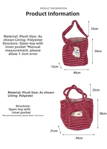Size chart for striped plush tote bags in large and small dimensions with detailed measurements