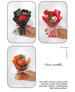 Detailed view of handmade crochet flower bouquets in three colors with lace and ribbons