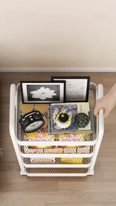 Three-tier white rolling utility cart with breathable mesh baskets and side handles