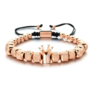 Men's retro crown charm bracelet with beaded pineapple beads and woven adjustable rope