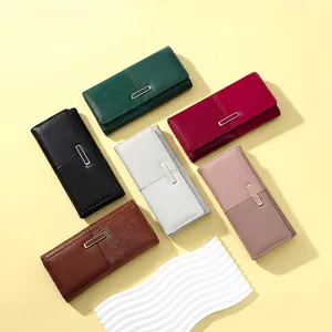 Fashionable long patchwork women wallet with metal buckle and multi-color leather texture
